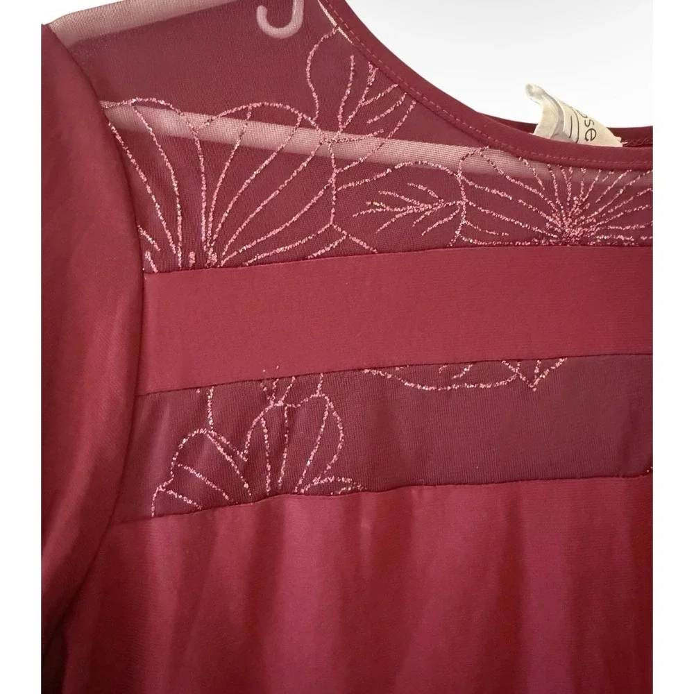 Carol Rose Burgundy Mesh Floral Embroidered 3/4 Sleeve Elegant Sheer Top